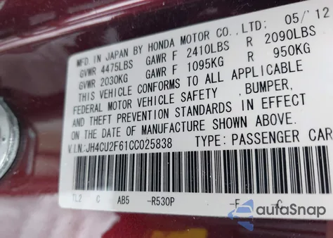 2012 Acura Tsx 2.4 z USA, uszkodzony, nr VIN JH4CU2F61CC025838
